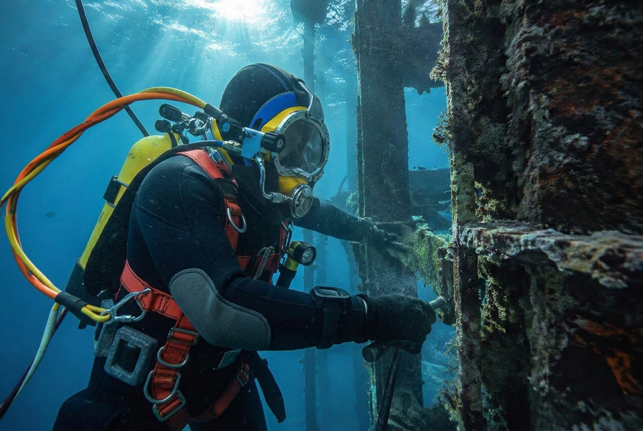 Mergulhador com máscara de banda trabalhando em estrutura submersa