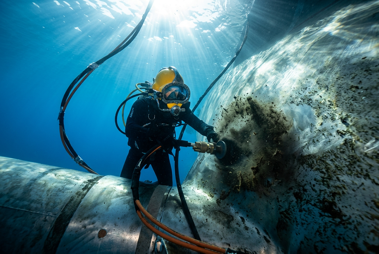 Mergulhador limpando o casco de um navio debaixo d'água