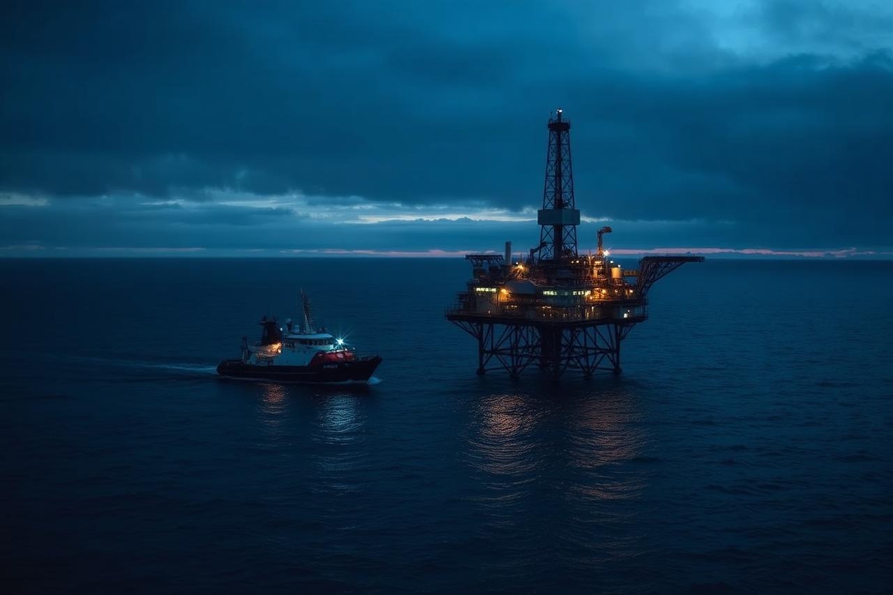 Plataforma offshore ao anoitecer com embarcação de apoio ao lado