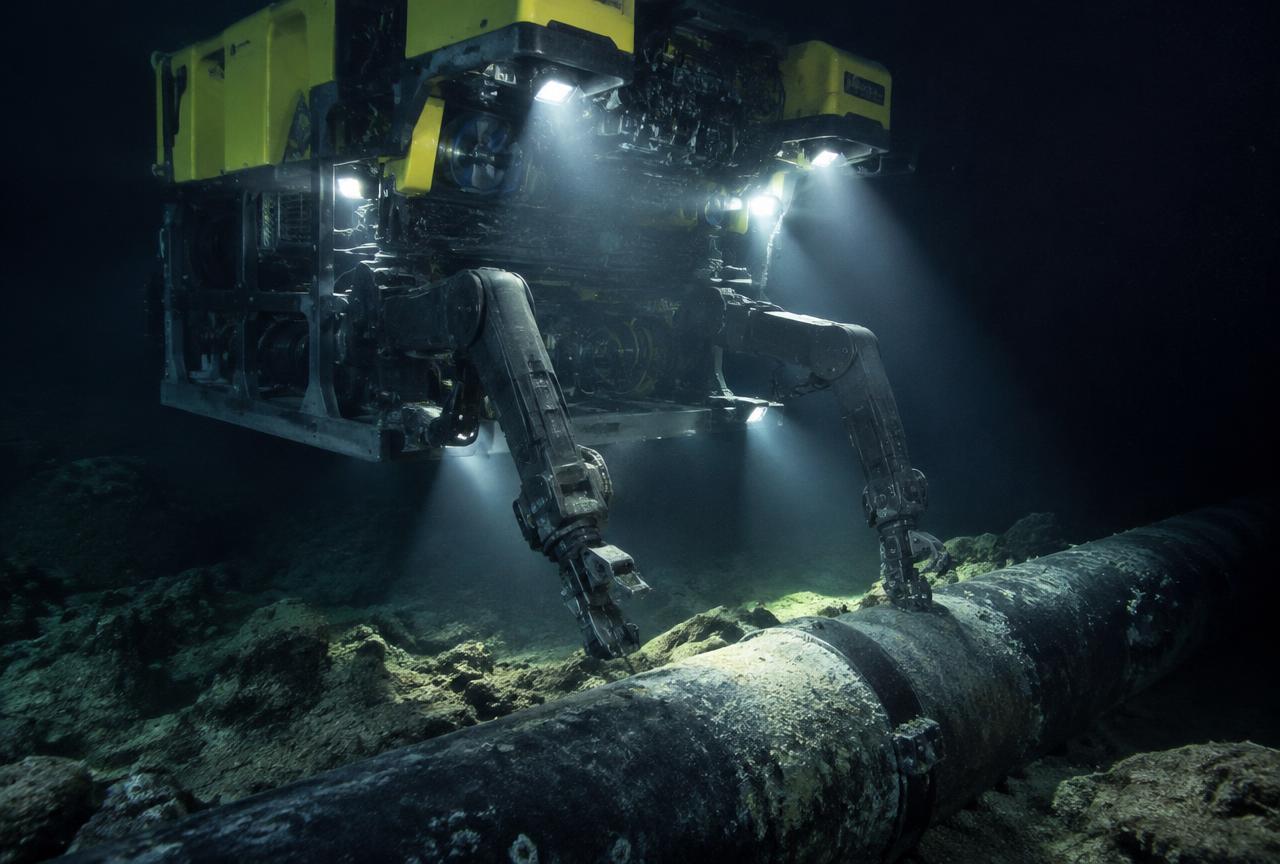 ROV workclass com braços robóticos iluminando um duto no fundo do mar